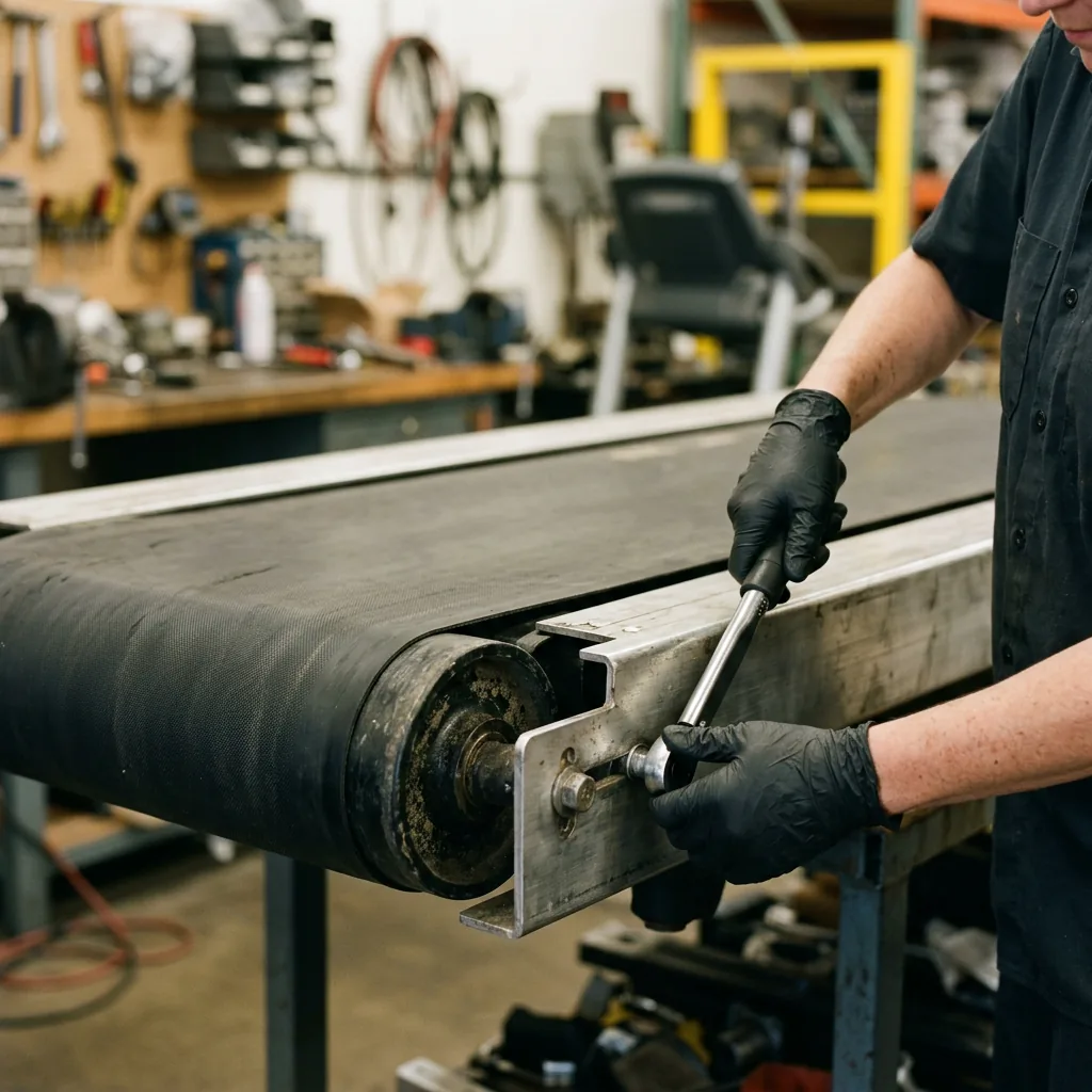 Hands-on treadmill component repair at a workbench